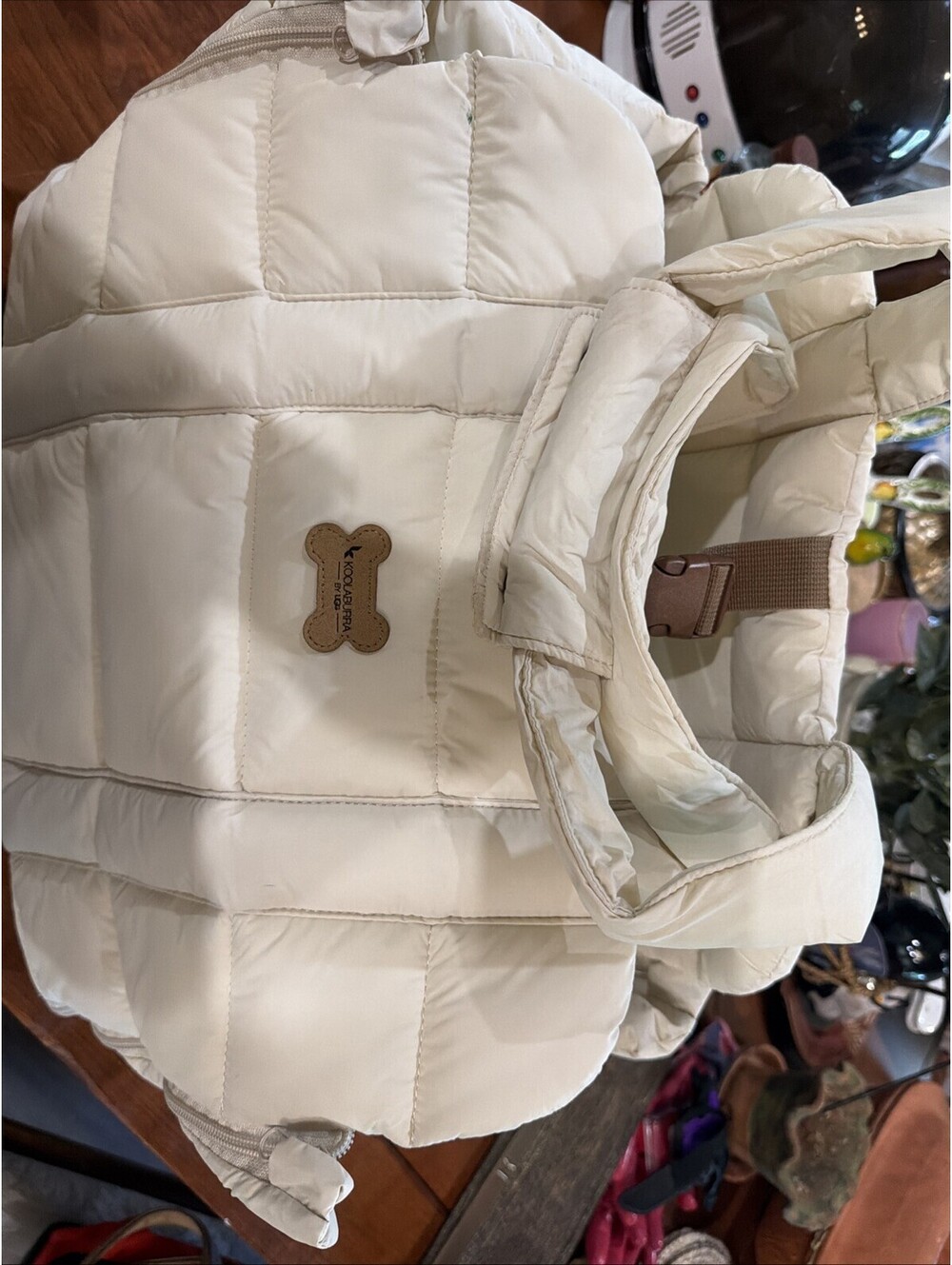 Cream Quilted Padded Pet Carrier Bag with Adjustable Straps